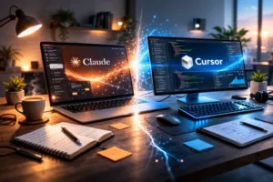 Fotorealistischer Vergleich zweier KI-Entwicklungstools in modernem Workspace mit Dual-Monitor-Setup und visuellem Energieeffekt zwischen den Systemen