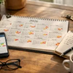 Brückentage 2026 clever planen: markierter Jahreskalender mit Urlaubsplanung auf dem Schreibtisch