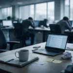 Modernes Großraumbüro mit leerem Arbeitsplatz im Vordergrund und erschöpften Mitarbeitern im Hintergrund – Symbolbild für Quiet Quitting und kollektiven Burnout 2026