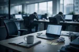 Modernes Großraumbüro mit leerem Arbeitsplatz im Vordergrund und erschöpften Mitarbeitern im Hintergrund – Symbolbild für Quiet Quitting und kollektiven Burnout 2026