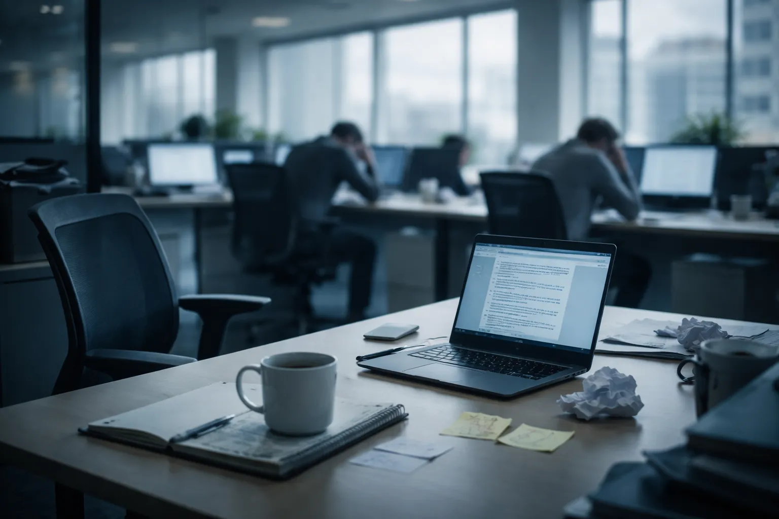 Modernes Großraumbüro mit leerem Arbeitsplatz im Vordergrund und erschöpften Mitarbeitern im Hintergrund – Symbolbild für Quiet Quitting und kollektiven Burnout 2026