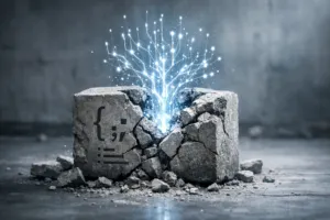 Zerbrechender Steinblock mit eingravierten Programmiersymbolen, aus dem eine leuchtende KI-Struktur wächst – Symbol für das Ende der klassischen Programmierung und den Aufstieg von Cursor.