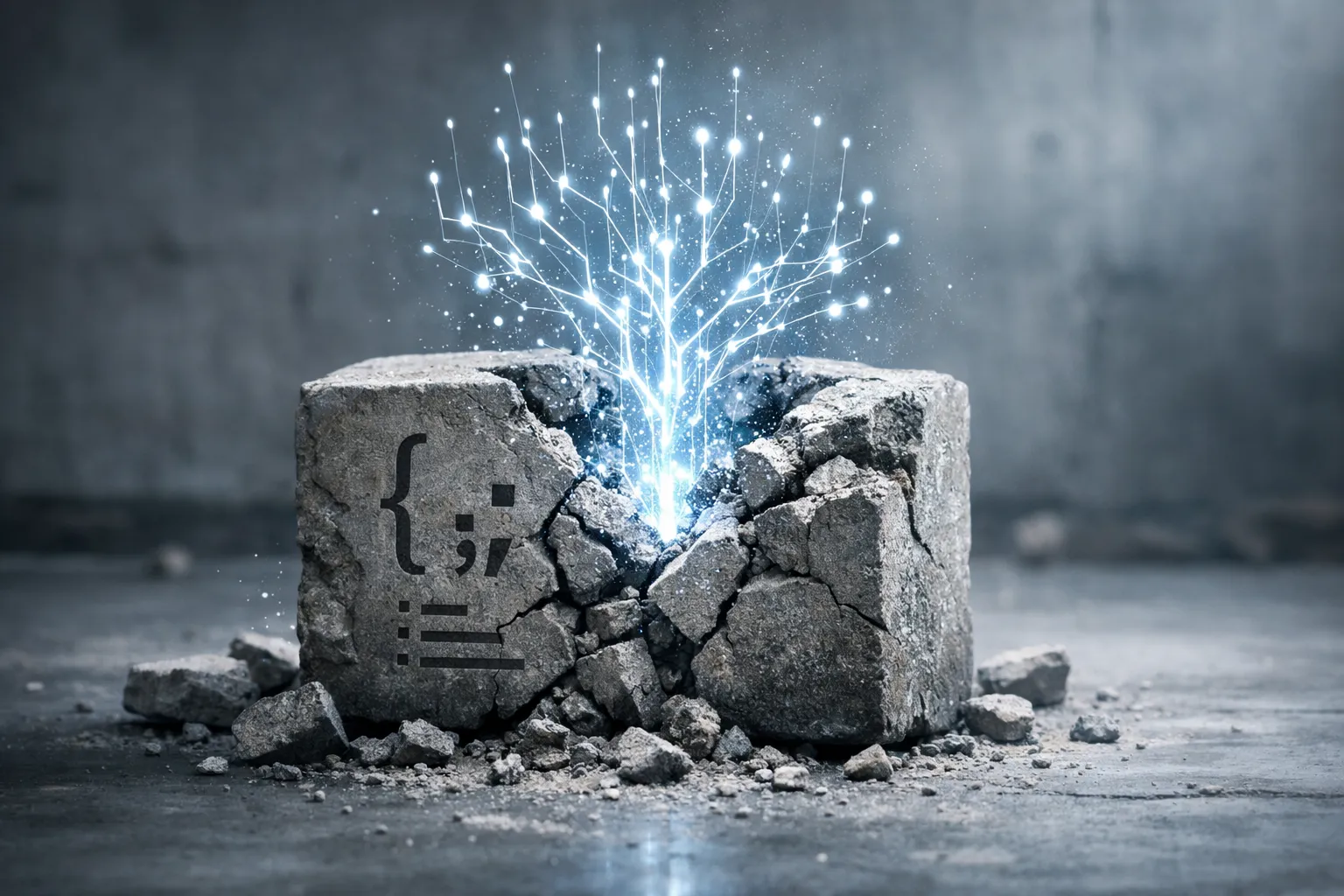 Zerbrechender Steinblock mit eingravierten Programmiersymbolen, aus dem eine leuchtende KI-Struktur wächst – Symbol für das Ende der klassischen Programmierung und den Aufstieg von Cursor.