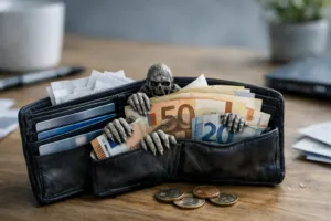 Offenes Portemonnaie mit Geldscheinen und Zombie-Händen als Symbol für versteckte Abofallen und unnötige Kosten 2026