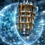 Futuristischer Quantencomputer mit digitalem Schutzschild im Rechenzentrum als Symbol für VPN-Schutz vor Quanten-Hacks und Q-Day