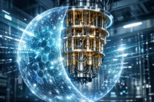 Futuristischer Quantencomputer mit digitalem Schutzschild im Rechenzentrum als Symbol für VPN-Schutz vor Quanten-Hacks und Q-Day