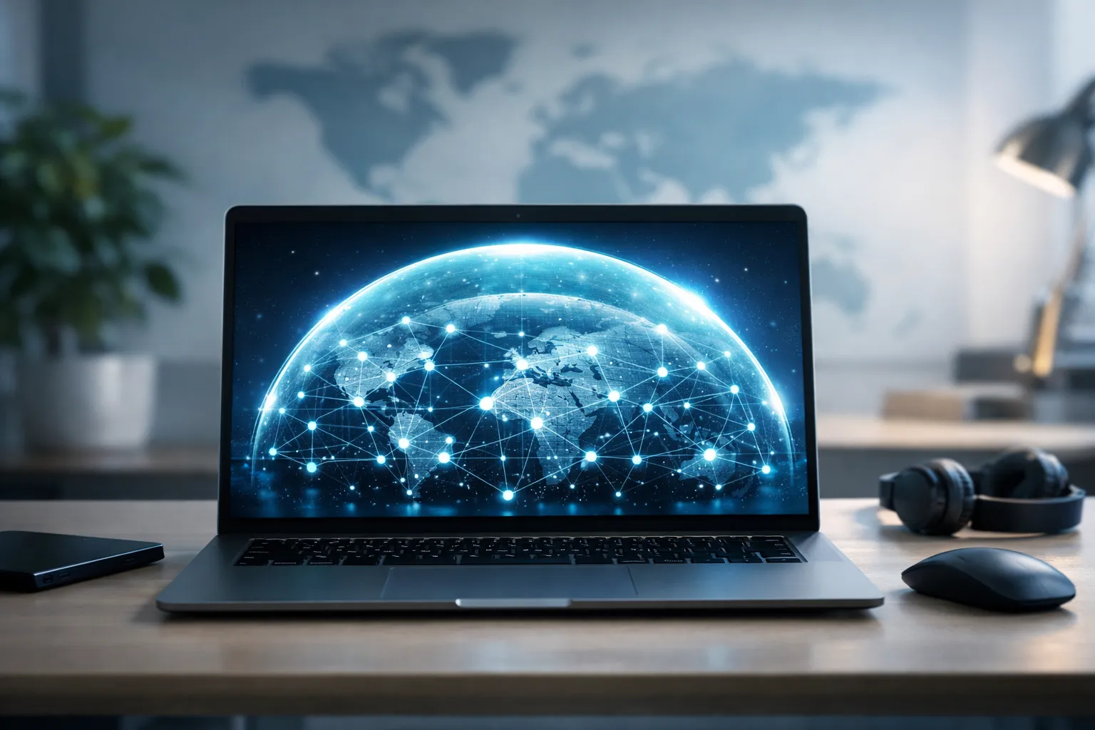 NordVPN Test 2026: Globales Servernetzwerk mit Quanten-Sicherheitsvisualisierung auf Laptop im modernen Homeoffice