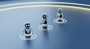 Drei KI-Bots in digitaler Arena, einer fällt zurück, symbolisiert Wettbewerb.