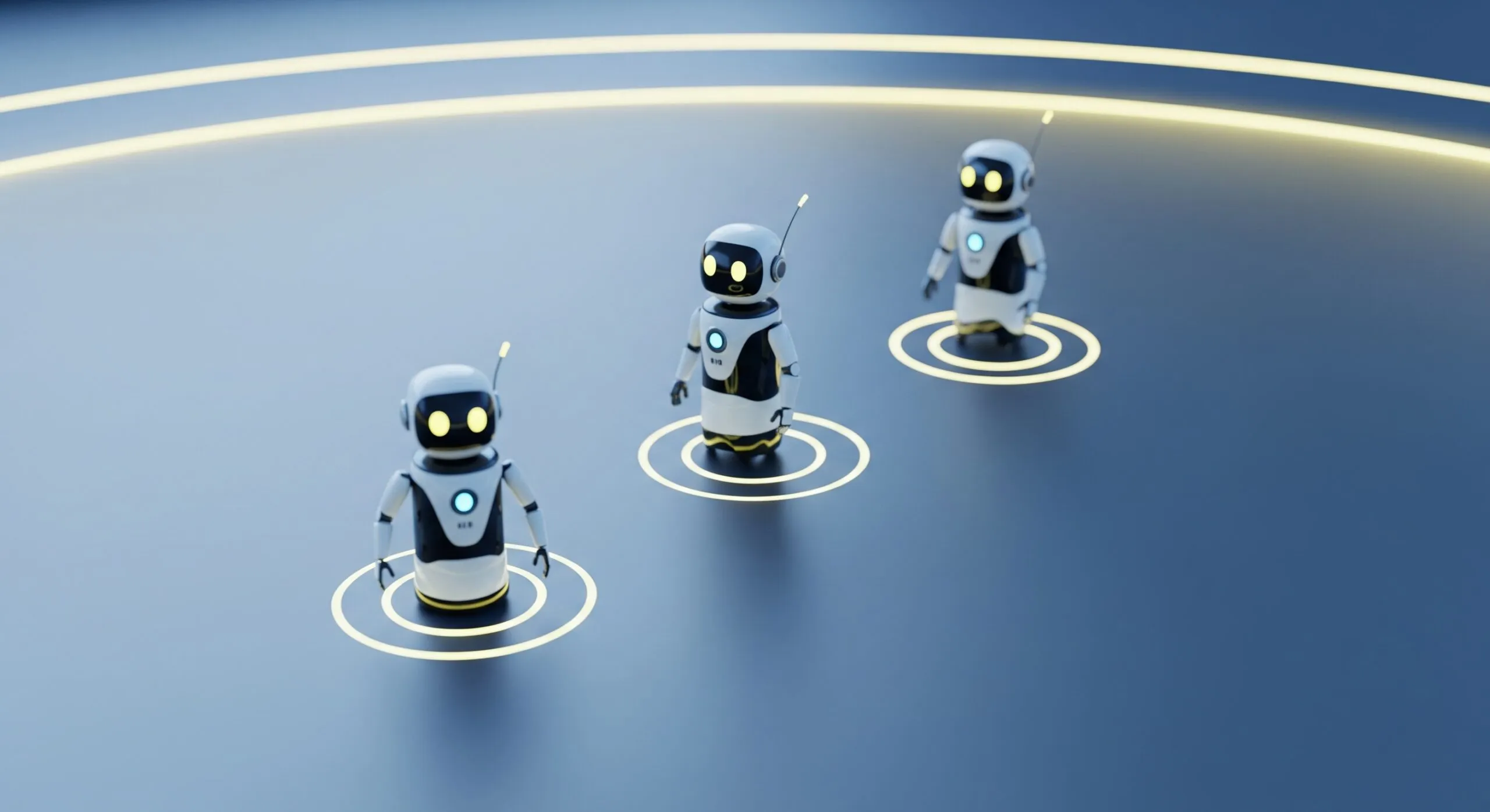Drei KI-Bots in digitaler Arena, einer fällt zurück, symbolisiert Wettbewerb.