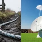 Satellitenschüssel sendet klare Signale, während altes Erdkabel langsam ist.