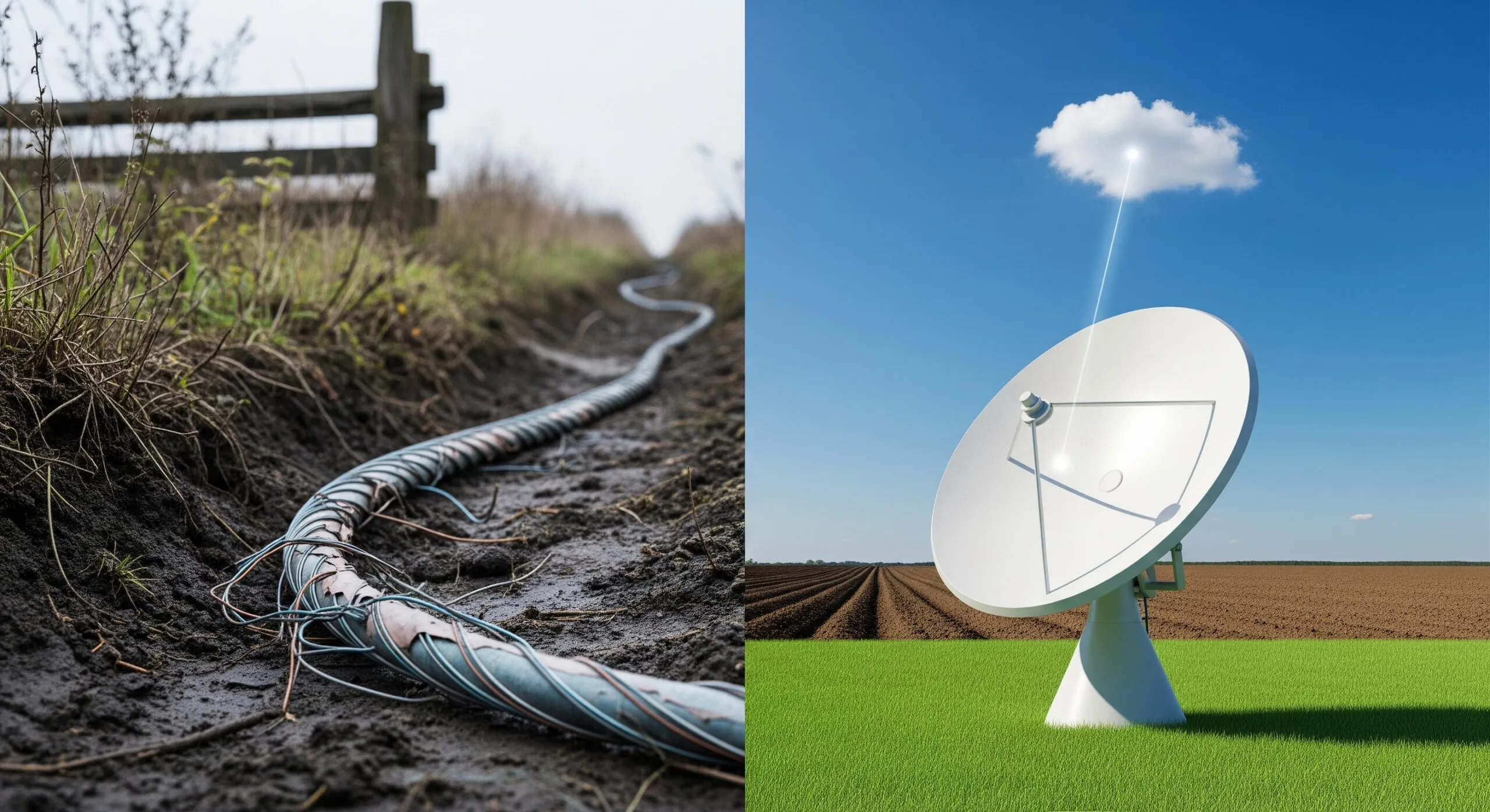Satellitenschüssel sendet klare Signale, während altes Erdkabel langsam ist.