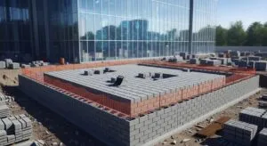 Stabiles Fundament aus Bausteinen symbolisiert zukünftiges Gebäude mit digitalen Elementen.