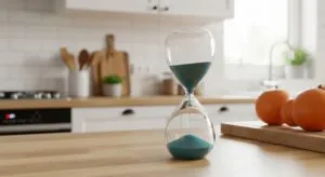 Sanduhr mit Früchten und Wasser symbolisiert die Zeit beim Intervallfasten.