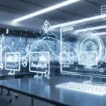 Abstrakte Datenströme und Werkzeuge symbolisieren technologische Weiterentwicklung und Neugestaltung von Arbeitsaufgaben.