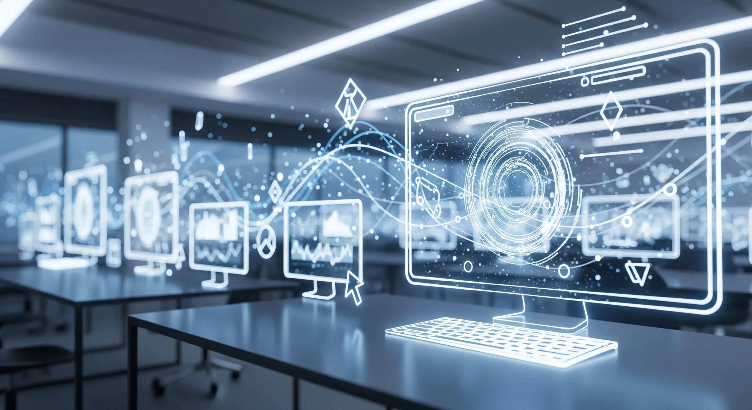 Abstrakte Datenströme und Werkzeuge symbolisieren technologische Weiterentwicklung und Neugestaltung von Arbeitsaufgaben.