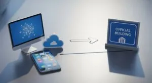 Digitale Symbole und Amtsschild mit Pfeil als Abkürzung für Ummeldung.
