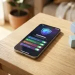 Smartphone mit Schild-Symbol auf dem Display liegt neben pastellfarbenen Holzbausteinen auf einem Holztisch.