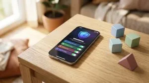 Smartphone mit Schild-Symbol auf dem Display liegt neben pastellfarbenen Holzbausteinen auf einem Holztisch.