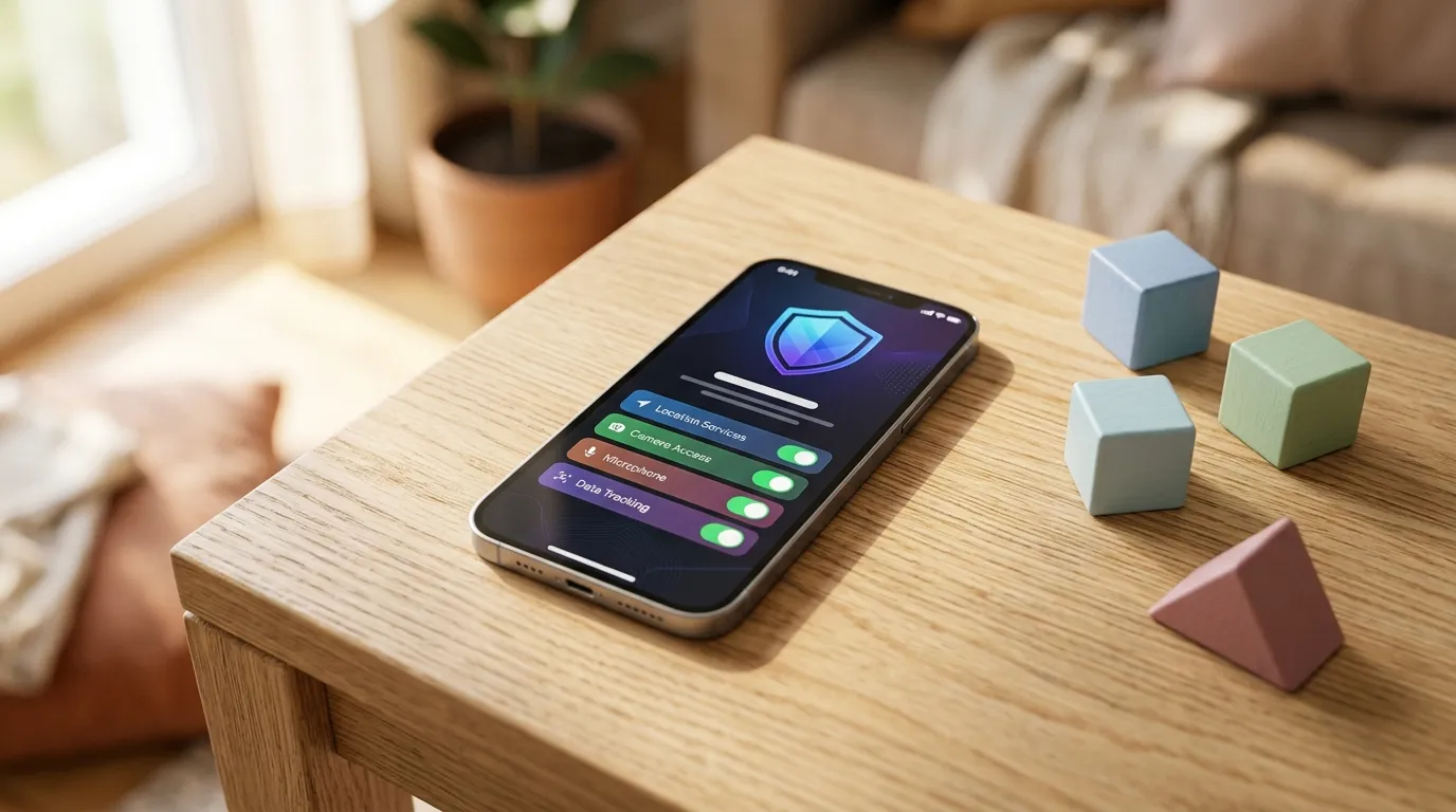 Smartphone mit Schild-Symbol auf dem Display liegt neben pastellfarbenen Holzbausteinen auf einem Holztisch.