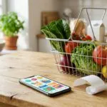 Smartphone mit geöffneter Rabatt-App liegt neben einem Einkaufskorb mit frischen Lebensmitteln und einem Kassenbon.