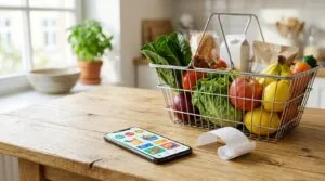 Smartphone mit geöffneter Rabatt-App liegt neben einem Einkaufskorb mit frischen Lebensmitteln und einem Kassenbon.