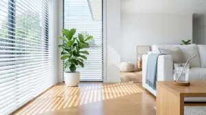 Helles Wohnzimmer mit halb geschlossenen Raffstores am Panoramafenster und Schatten auf dem Parkettboden.