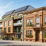Saniertes Wohnhaus mit Solarmodulen auf dem Dach neben einem ungedämmten Altbau bei Tageslicht.