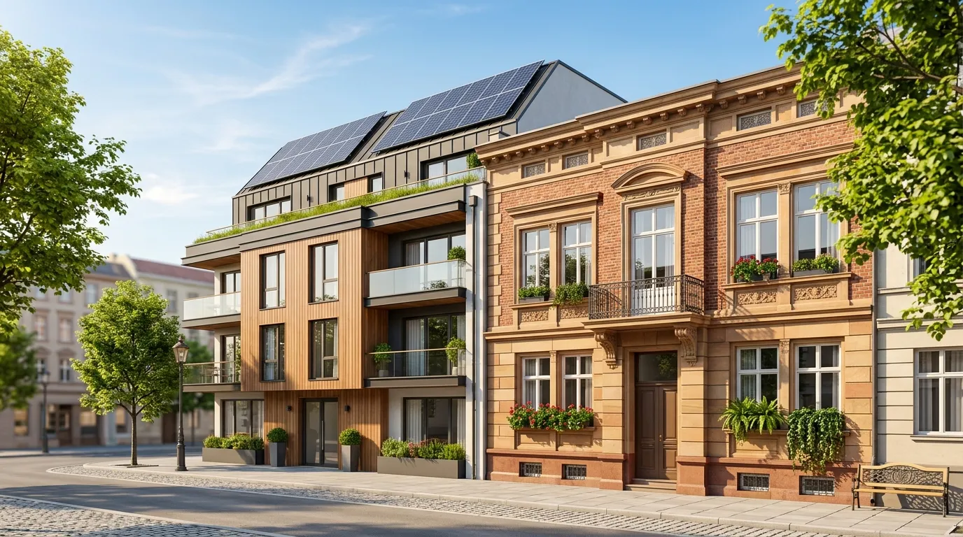 Saniertes Wohnhaus mit Solarmodulen auf dem Dach neben einem ungedämmten Altbau bei Tageslicht.