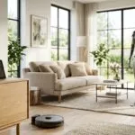 Modernes Wohnzimmer mit Saugroboter, Smart-Home-Display und der Silhouette eines humanoiden Roboters im Hintergrund.