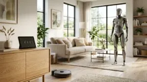 Modernes Wohnzimmer mit Saugroboter, Smart-Home-Display und der Silhouette eines humanoiden Roboters im Hintergrund.