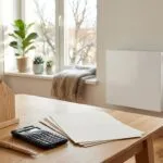 Holzspardose und Taschenrechner auf einem hellen Eichentisch vor einem unscharfen Heizkörper im Wohnzimmer.
