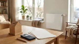 Holzspardose und Taschenrechner auf einem hellen Eichentisch vor einem unscharfen Heizkörper im Wohnzimmer.