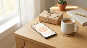 Smartphone mit leuchtendem Pfeilsymbol auf einem hellen Eichentisch neben einem Paket und einer Tasse.