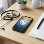 Smartphone mit leuchtendem Schutzschild-Symbol neben Stethoskop und medizinischer Mappe auf einem hellen Schreibtisch.