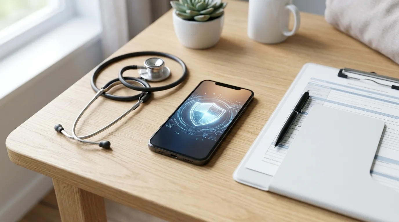 Smartphone mit leuchtendem Schutzschild-Symbol neben Stethoskop und medizinischer Mappe auf einem hellen Schreibtisch.