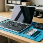 Silbernes Notebook mit geöffnetem Gehäuse und Feinwerkzeug auf einer blauen Antistatik-Matte zur Reparatur.