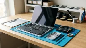 Silbernes Notebook mit geöffnetem Gehäuse und Feinwerkzeug auf einer blauen Antistatik-Matte zur Reparatur.