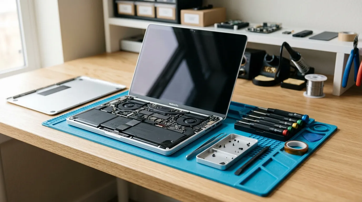 Silbernes Notebook mit geöffnetem Gehäuse und Feinwerkzeug auf einer blauen Antistatik-Matte zur Reparatur.