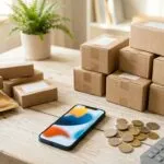 Kleine Versandkartons, ein Smartphone, ein Taschenrechner und Euro-Münzen liegen sortiert auf hellem Holz.