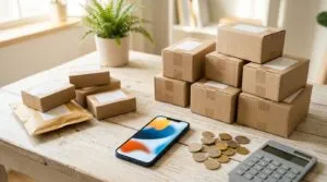 Kleine Versandkartons, ein Smartphone, ein Taschenrechner und Euro-Münzen liegen sortiert auf hellem Holz.