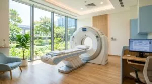 Ein moderner Computertomograph in einem hellen, lichtdurchfluteten Radiologieraum mit Holzelementen und großen Fenstern.