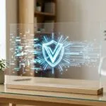Ein transparentes Display auf einem hellen Holzschreibtisch zeigt ein leuchtendes digitales Wasserzeichen-Siegel.