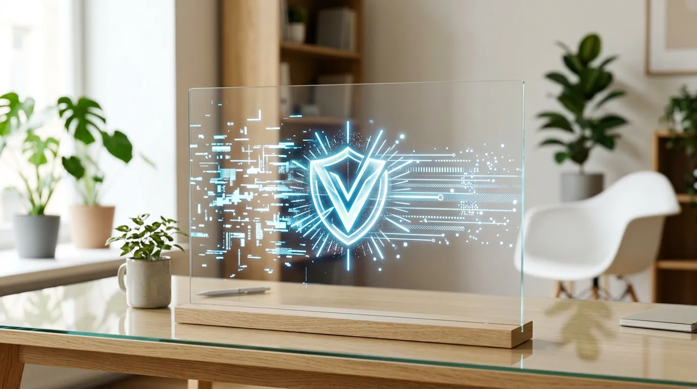 Ein transparentes Display auf einem hellen Holzschreibtisch zeigt ein leuchtendes digitales Wasserzeichen-Siegel.
