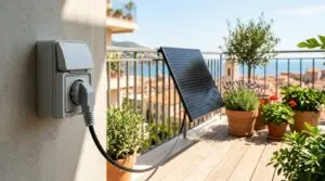 Ein Schuko-Stecker steckt in einer Außensteckdose auf einem sonnigen Balkon vor einer Mini-Solaranlage.