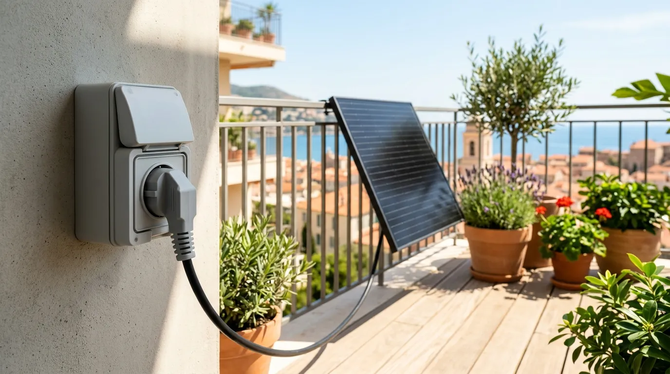 Ein Schuko-Stecker steckt in einer Außensteckdose auf einem sonnigen Balkon vor einer Mini-Solaranlage.