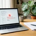 Geöffneter Laptop auf hellem Holzschreibtisch zeigt eine E-Mail mit rotem Warnsymbol neben Papierdokumenten.