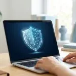 Ein Laptop auf einem hellen Holzschreibtisch zeigt ein leuchtendes grünes Schutzschild auf dem Bildschirm.