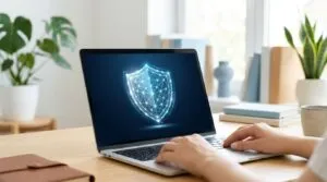 Ein Laptop auf einem hellen Holzschreibtisch zeigt ein leuchtendes grünes Schutzschild auf dem Bildschirm.