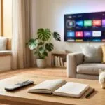 Fernbedienung, Notizblock und kleine Keramik-Spardose auf einem Holztisch vor einem Fernseher im Wohnzimmer.