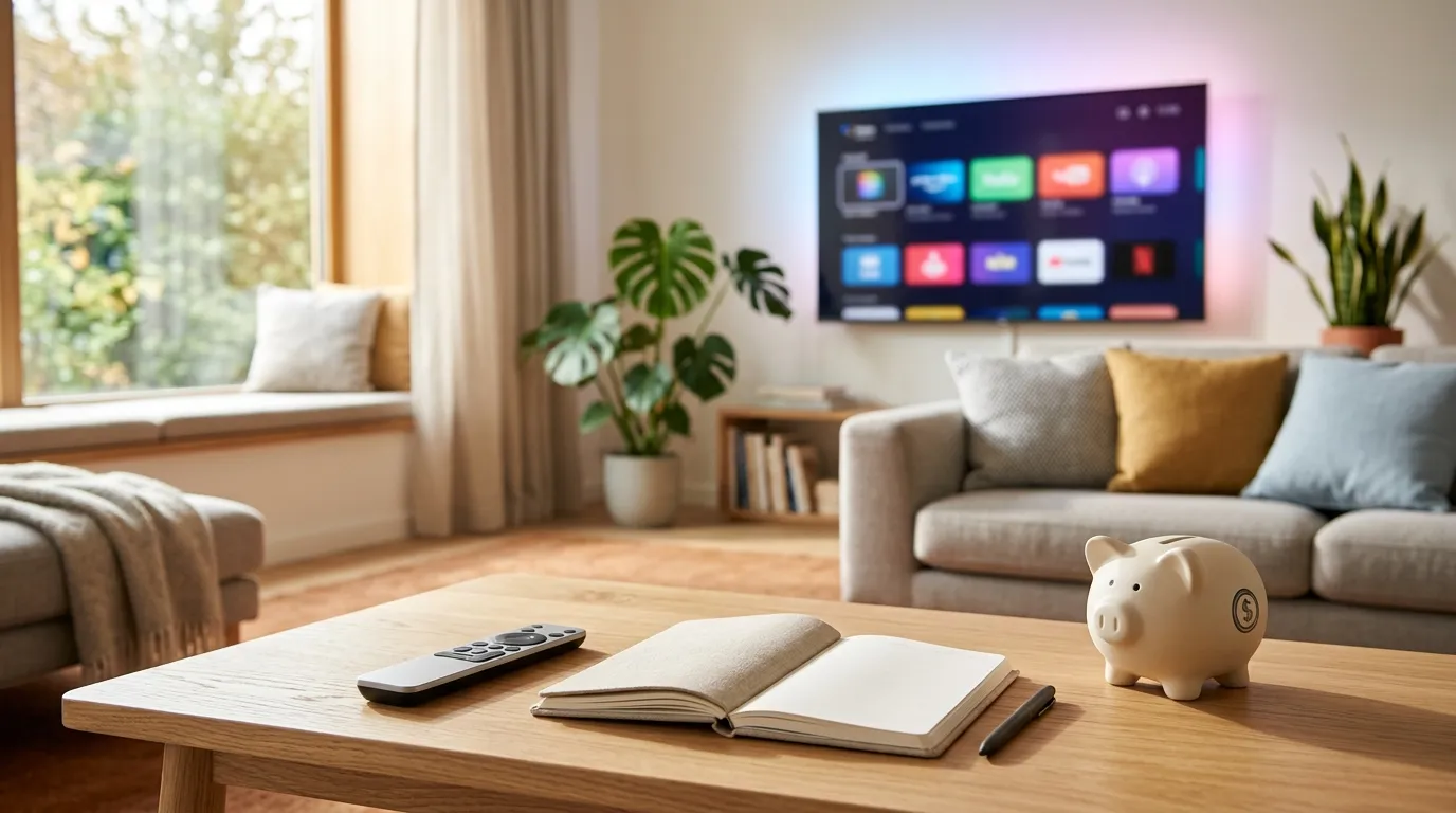 Fernbedienung, Notizblock und kleine Keramik-Spardose auf einem Holztisch vor einem Fernseher im Wohnzimmer.